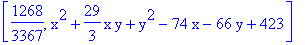 [1268/3367, x^2+29/3*x*y+y^2-74*x-66*y+423]